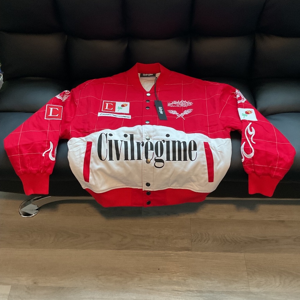 CIVIL REGIME BLOOMING THROUGH CHAOS RACING JACKET IN RED/WHITE SIZE MEDIUM